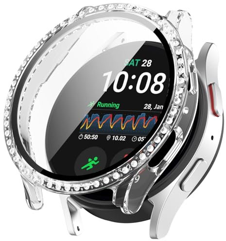 Diamond Screen Protector Case Compatible with Samsung Galaxy Watch 7 44mm, Hard PC Bling Crystal Bumper Cover with Tempered Glass Screen Protector (Clear)