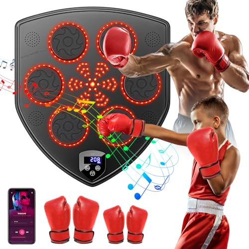 Music Boxing Machine, LED Elektronische Musik Boxing Machine mit zwei Paar Handschuhe, 9 Geschwindigkeitsmodi, 10 Trainingsmodi und Zählmodus Unterstützt Bluetooth, Geschenk Für Erwachsene und Kinder