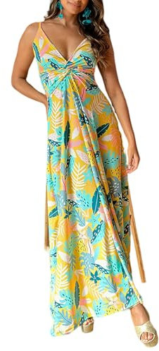 HEYPORK Damen Frühling Sommer Kleid Bequem Lässig Modern Elegant Kleider Frauen Mode Halfter V-Ausschnitt Druck Temperament Elegante Lange Kleider(Gelb, M)