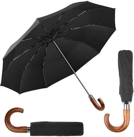 TECPEX Parapluie pliable portable, coupe-vent, automatique, compact, cadre solide pour voyage, résistant à l'eau, luxe et classique, Noir avec poignée en bois