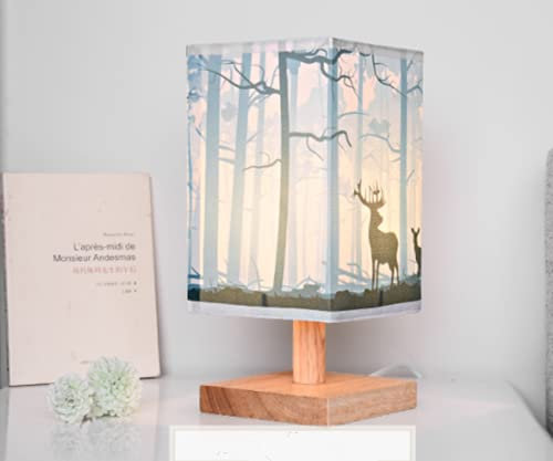 SSNCcNC A, Hirsch Tischleuchte Schlafzimmer Nachttischlampe Holz Modern/vintage Schreibtischlampe E27 Tischlampen mit Stoffschirm Wohnzimmer Büro Kinderzimmer Bücherregal Nachtlicht