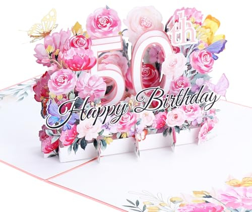 Ghope 50. Geburtstagskarte, 3D Pop Up Karte zum 50 Jahrestag, Pop Up Geburtstag Grußkarten Blume mit Umschlag für Frauen Mütter Ehefrau Männer Freunde Romantik Geschenk-Karte