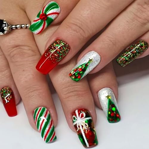 TELAIN 24 Stück Weihnachten Press-on Nägel, Mittellange Sargnägel, Künstliche Nägel mit Weihnachtsbaum-Design, Glitzernde Grün-Rot Gestreifte Nägel, Vollabdeckung Acrylnägel