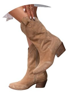 Stivaletti da Donna Stivaletti Eleganti in Pelle Scamosciata con Tacco Largo Stivali da Cowboy alla Moda Stivali Western Stivaletti con Tacco Medio Stivali da Donna Scarpe Slip On A Punta