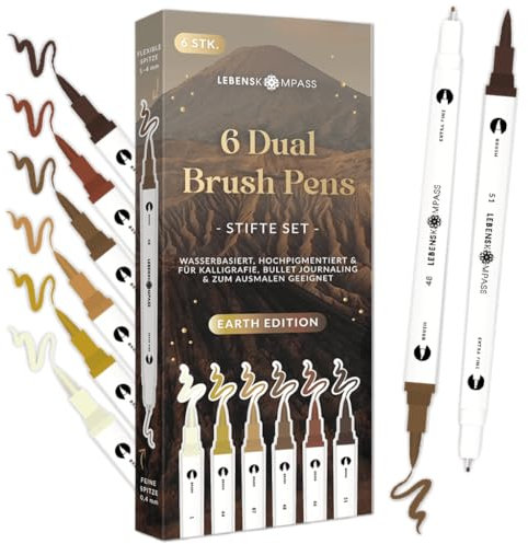 LEBENSKOMPASS® Brush Pen Set Earth - 6 Pinselstifte in warmen Brauntönen - Brushpens für Handlettering, Ausmalen & Bullet Journal - Dual Tip Stifte mit feiner & flexibler Spitze