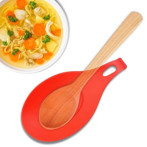 CHEFZOCO Soporte Reposa Cuchara Silicona Para Cocina, Reposacucharas de silicona, Soporte para cubiertos de cocina, Apoya utensilios de Encimera, Porta cucharas de silicona, Libre BPA, Rojo