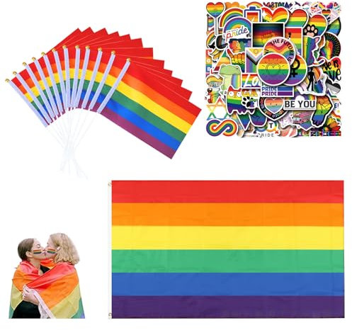 Yootiko Lgbtq Flagge Pride Flag Sticker Set,1 Regenbogen Flagge 150x90 cm+12 Lgbtq Flagge 21x14 cm+55 Lgbtq Sticker,Progress Pride Flagge, Lesbian Flag, Gay Flag,Regenbogenfahne, Regenbogenflagge