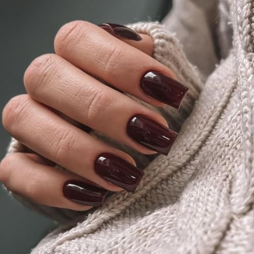SXVME Brown False Nails Short Medium Square, Gel Press on Nails Coffin Medium Glossy Fake Nails Set Solid Color Acrylic Nail Natural Fit Reusable Stick on Nail for Women Daily Wear, in 24 Pcs