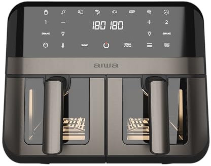 Aiwa Futago AFR-9000 Friggitrice ad aria 9 L (2 × 4,5 L), 2400 W, controllo digitale, 8 programmi, cucina doppia zona, autopulizia, finestra doppia, ultra silenziosa, acciaio inossidabile/plastica