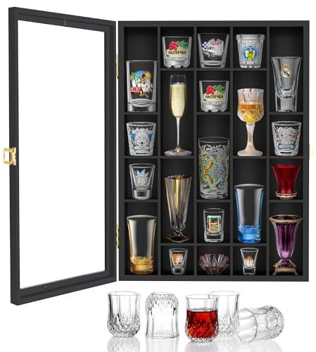 Black Shot Glass Display Case Wall Mounted, Irregular Shot Glass Holder with Door, Shot Glass Storage for Home and Bar Decor
