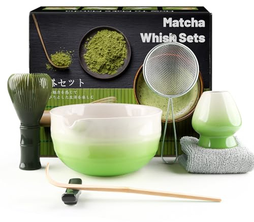 7 Piece Matcha Set, Green Resin Matcha Whisk, Macha Tea Set with Matcha Spoon, Whisk Holder, Matcha Brush, Shovel, Strainer, Matcha Accessories Japanese Tea Ceremony, Petal Green