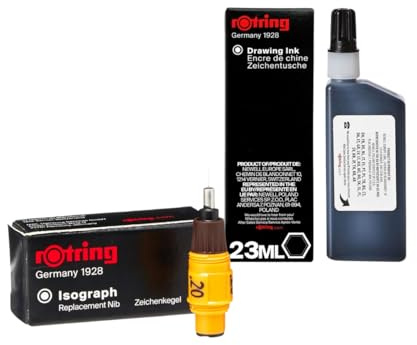 Rotring Isograph 0,20 mm Ersatzfeder + schwarze 23 ml Tintenflasche - Technisches Zeichenset für Präzisionsarbeiten an Linienplatte, Pergamentpapier & Transparentpapier - wasserfeste Pigmenttinte