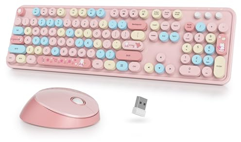 Vumilstek Pink Keyboard and Mouse Set Wireless, American QWERTY Retro Typewriter 2.4GHz Full Size Round Keys with Number Pad for Students Home Office PC Laptop(Strawberry)