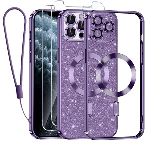 Tikfrlo Glitter Magnetica Cover per iPhone 11 Pro Max con Cordino, Compatibile con MagSafe, Brillantini Sottile Silicone TPU Antiurto Custodia per iPhone 11 Pro Max con 2 Vetro Temperato Bumper, Viola