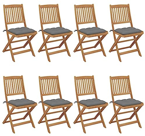 Teenpull Klappbare Gartenstühle 8er Set, Massivholz Akazie, Grau gepolstert, klappbar, für Garten, Terrasse, Balkon, Esszimmer