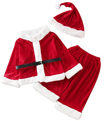 pvucpot Vestito Babbo Natale Bambino 4 Pezzi Costume Babbo Natale con Cappotti Pantaloni Cappello e Cintura, Neonato Bambini 1-8 Anni Travestimento Cosplay Natalizi Regalo