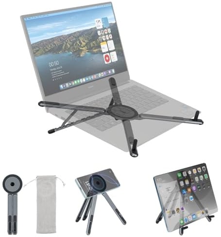 koolehaoda Tragbarer LaptopStänder für Schreibtisch & Reise, 8 Verstellbare Höhen Faltbarer Aluminium 3-in-1 Halterung für 4-16 Laptops/Tablets/Handy, für MagSafe/MacBook/HP/Dell/iPad/iPhone