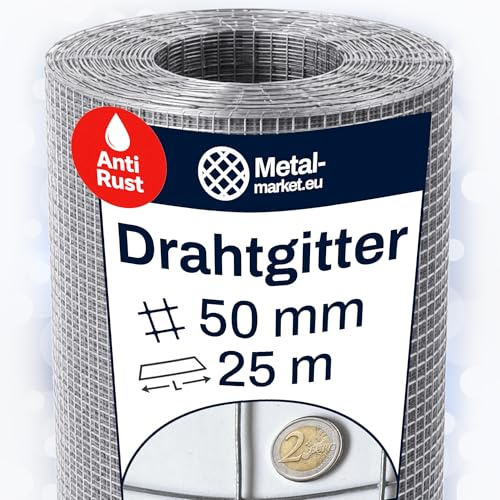 metal-market.eu Volierengitter, Hasendraht, Hühnerzaun, Drahtgitter, Schweissgitter, Zaun Verzinkt Rolle Maschenweite 50 x 50 mm Länge 25 m Breite 1 m Drahtstärke 2,0 mm