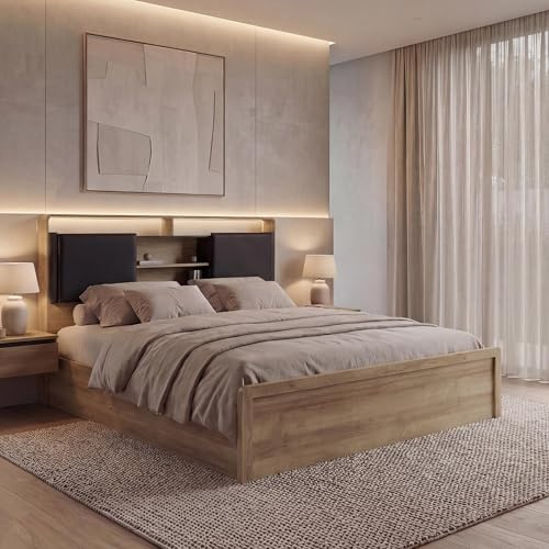 Mendler Queen Size Bett HWC-P43 160x200cm - Rivera-Eiche-Optik, dunkelgrau