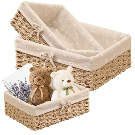 Megcdtr Brotkorb 3er Set, Brotkorb Geflochten mit Baumwolleinsatz(Beige) | Aufbewahrungskorb Geflochten, Brötchenkorb Scandi Style, Brotkörbchen zum Brot, Backwaren und Haushaltswaren