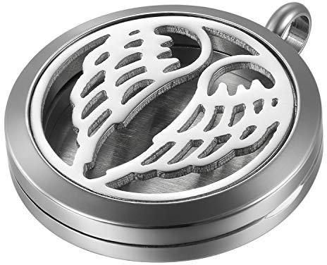 JewelryWe Damen Halskette, Edelstahl Hohle Engelsflügel Engel Flügel Aromatherapie Ätherische Öle Diffusor öffenbar Floating Medaillon Locket Anhänger mit 6 Bunt Filzkreisen und 45cm Kette, Silber