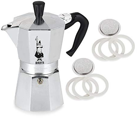 Bialetti Moka Express - Máquina de café espresso de 6 tazas, color plateado, 300 mililitros, incluye 6 juntas y 2 filtros