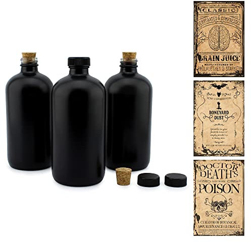 Cornucopia Brands Schwarze Apothekerflaschen aus Glas (3er-Pack); runde Boston Flaschen mit Designer-Etiketten, Kräuterbehandlungen und Halloween, matt schwarz beschichtete Flaschen