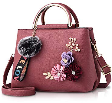 NICOLE & DORIS Damen Leder Handtasche Umhängetaschen mit Blume Jahrgang Griff Tasche Designer Tote Geldbörse mit Pom Pom dunkelpink
