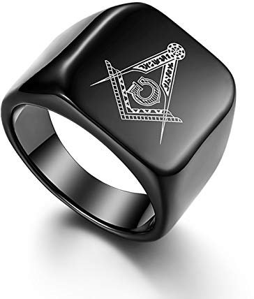Flongo Herren Ring, Männer Edelstahl Ring Band Schwarz Ton Freimaurerei Freimaurer AG Hochzeit Verlobung Engagement Bandring Siegelring Daumenring Herren-Accessoires Größe 70