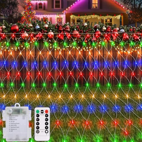 CCILAND Patio Garden Net Light String Led Outdoor Waterproof Battery Operated,8 Modes Remote Timer Dimmable,Multi-Colored Mesh Light for Bush Deck Fence Wall Holiday Seasons (100 Led,1.5m x 1.5m)