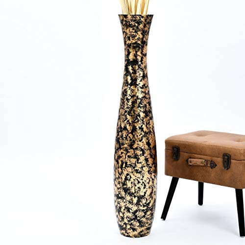 Leewadee Große Deko Bodenvase Für Dekozweige, Hohe Standvase Für Pampasgras, Design Holzvase, 110 cm, Schwarz Gold