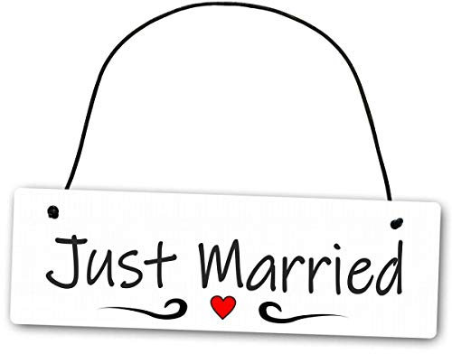 Homeyourself Hochwertiges Schild 25 x 8 cm Just Married weiß Dekoschild Wandschild Hochzeit Flitterwochen