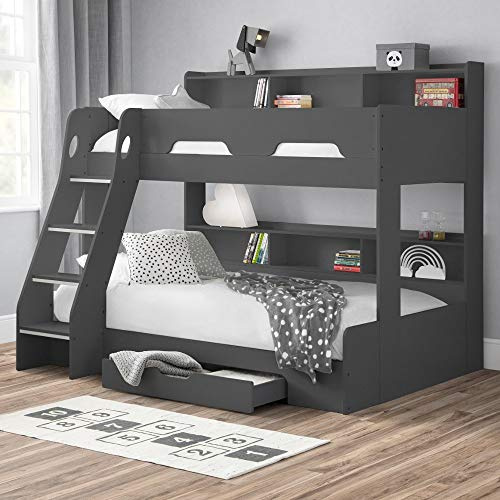 happybeds Wooden Bunk Bed, Orion Anthracite Triple Sleeper 3ft Single Top, 4ft Small Double Bottom Storage Drawer with 2x Orthopaedic Mattresses