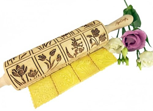 Rouleaux à Pâtisserie Gravé - FLEURS DE PRINTEMPS avec 16 fleurs différentes, Rouleau Pâtisserie en Relief Pour DIY Faire, Rouleau en Bois avec Embossage par Algis Crafts