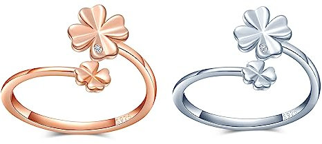 MICGIGI Damen 925er Sterling Silber Offener Ringe Vierblättriges Kleeblatt Verstellbarer Ringe Silber Roségold