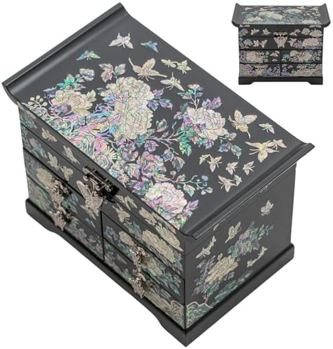 February Mountain Mother of Pearl Wooden Jewelry Organizer Box – Jewelry Storage Box for Women, Features Spacious Drawers, Ideal for Rings, Bracelets, Watches, Chains, Accessories (Black)