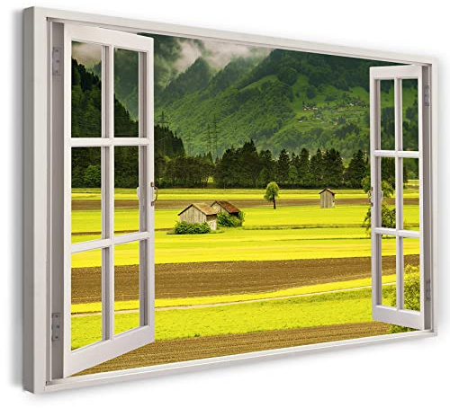 Printistico Bilder Fensterblick 80x60cm Baumwoll-Leinwand auf Keilrahmen mit Aufhänger moderner Kunstdruck XXL Wandbilder Wand-Dekoration Landschaft Berge Felder Baum Natur - Natur-Fotografie