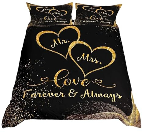 Homewish Couples Bedding Set Mr And Mrs Comforter Cover Super King Gold Glitter Sequins Duvet Cover Love Heart Print Quilt Cover With Corner Ties For Valentine'S Day Gifts Birthday Gift Black Gold