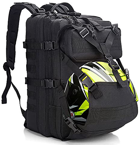 YOUNGOA Sac a Dos Moto Homme, Grande Sac a Dos Militaire 45L Porte Sac à Dos pour Casque de Moto, Portable Multifonction Sac à Dos Randonnee Survie Tactique Noir
