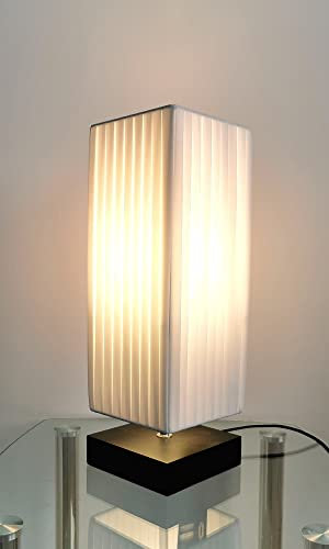 Trango 2021 Design Plissee Tischleuchte in Eckig schwarz Holzfuß *NIZZA* Tischlampe mit 1x E27 Fassung Nachttischlampe, H: 41cm Schreibtischleuchte, Leselampe ohne Leuchtmittel