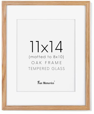 Fun Memories 11x14 Picture Frame, Solid Oak Wood 11 x 14 Photo Frames for Wall, 11 by 14 Frames with Tempered Real Glass, 11x14 Picture Frame with Mat for 8x10, Wooden Wall Gallery 11 x 14 Frame Set