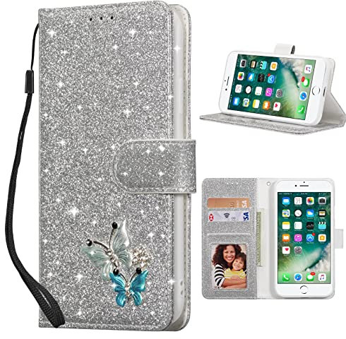 UeeBAI Wallet Case for iPhone SE 2022/7/8/SE 2020, Premium Sparkly Glitter PU Leather Phone Case with Card Slots, Kickstand, Magnetic Closure, Bling Shiny Flip Cover, Wrist Strap - Silver