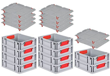 PROREGAL SuperSparSet 10x Eurobox NextGen Color mit Auflagedeckel & Schiebeschnappverschlüsse, HxBxT 12x30x40cm, 11L, Griffe rot geschlossen, Glatter Boden, Eurobehälter Transportbox Transportbehälter