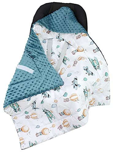 TupTam Baby Winter Einschlagdecke Babydecke 75x75cm für Autositz Babyschale Wattiert Minky Baumwolle Universal, Farbe: Füchse/Flugzeuge/Ballons/Smaragdgrün, Größe: Einheitsgröße