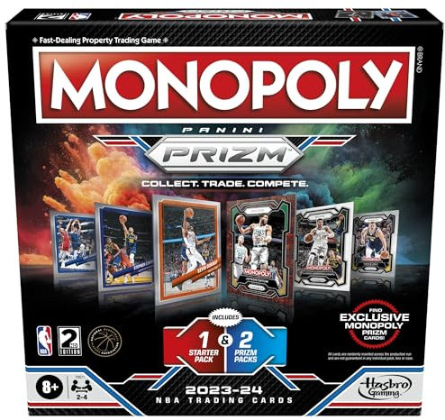 Monopoly Prizm: NBA-Brettspiel 2. Edition, Monopoly Spiel mit Panini NBA-Sammelkarten 2023-24, ab 8 Jahren, 2 bis 4 Spieler, Basketballspiele