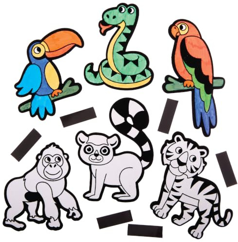 Baker Ross FX557 Imanes para colorear de animales de la selva tropical - Pack de 30, Manualidades para colorear para niños