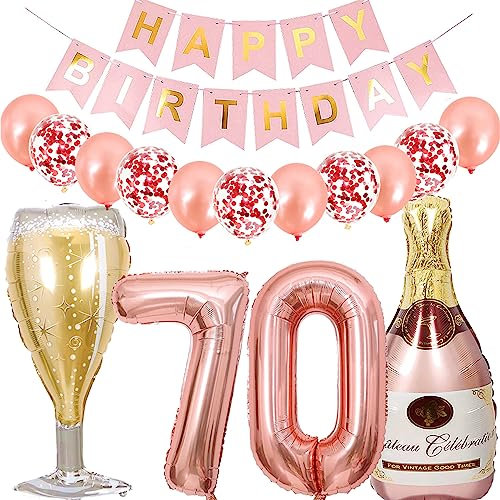 Dalettu Luftballon 70. Geburtstag Deko Frau, Folienballon Weinflasche Sektflasche Rose Gold Helium Ballon Deko, Geburtstagsdeko 70 Jahre Frauen, Happy Birthday Banner für 70 Jahr Geburtstag Party Deko