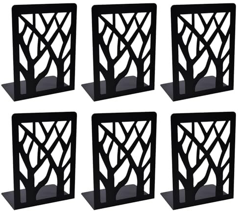 Bezavea 3 Pair/6 Pcs Metal Bookends, Heavy Duty, Anti-Slip Anti-Rust, Decorative Tree Unique Design Book Stopper For Home, Office, School, Library