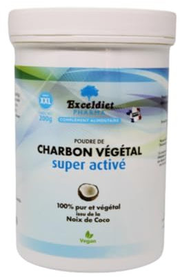 Exceldiet Pharma | Charbon Végétal Super Activé en Poudre 200g - Haute Capacité d'Adsorption (2000m²/g) - Anti-Ballonnements & Digestion Facile - 100% Naturel Usage Alimentaire & Cosmétique