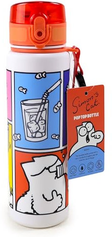 Puckator Simon's Cat 2024 Pop Top 600ml Shatterproof Bottle - Reusable Kids Drinks Water Bottle for Girls Boys Adults Men - Insulated Drink Water Bottle for School Nursery